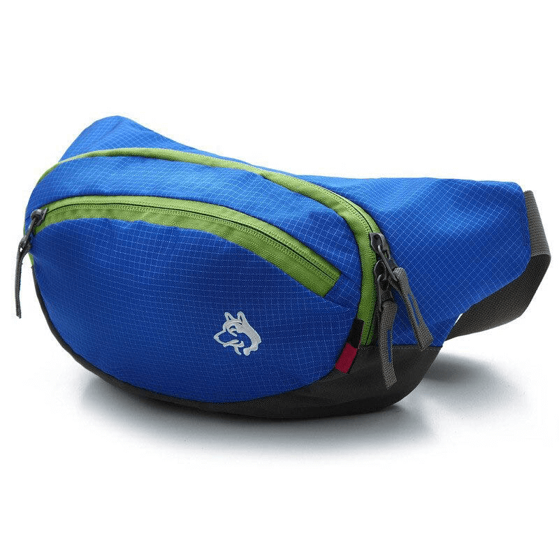 Blue outdoor sports running waist bag with green zippers, hydration belt, and adjustable straps.